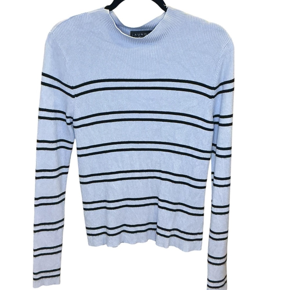 Laundry by Shelli Segal Striped Rib Knit Sweater Mock Neck Light Blue Black